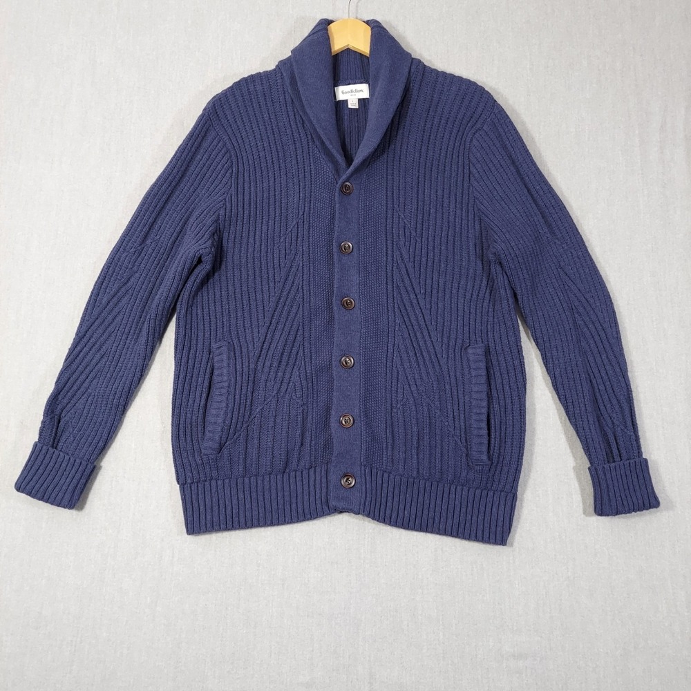 Goodfellow Mens L Chunky Knit Navy Cardigan Shawl Collar Sweater Preppy Grandpa